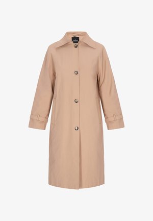 Trench coat bej cu guler, butoni frontali și buzunare laterale. Are mâneci lungi cu mansete ajustabile și un material fin, ușor.