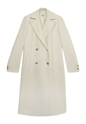 Cappotto doppiopetto in tessuto crema con rever a notched, due tasche frontali e bottoni dorati sui polsini.