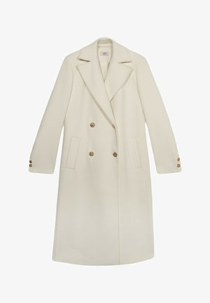 Doppelreiher-Mantel aus cremefarbenem Stoff mit Reverskragen, zwei vorderen Taschen und goldfarbenen Knöpfen an den Ärmeln.
