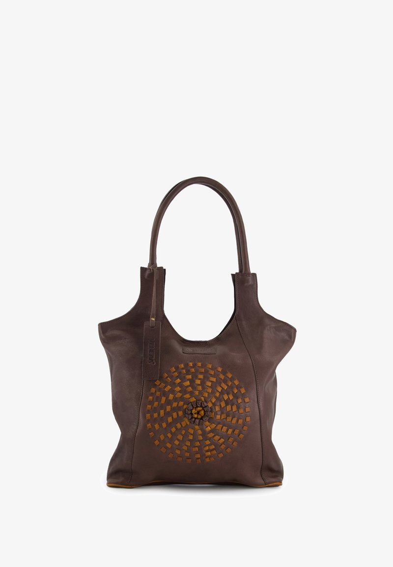 Brown leather tote bag with a circular woven pattern in lighter brown. Features soft curves, dual handles, and a subtle logo tag.