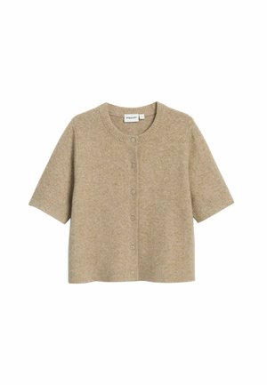 Beige korte mouwen cardigan gemaakt van zachte gebreide stof, met een ronde hals, vijf knopen aan de voorkant en een boxy vorm.