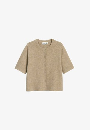 Beige kortærmet cardigan lavet af blødt strikstof, med rund hals, fem knapper foran og en boxy form.