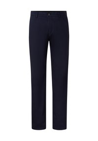 Navy cotton trousers with a straight-leg cut. Features a front button closure and two side pockets. Smooth texture and classic design.
