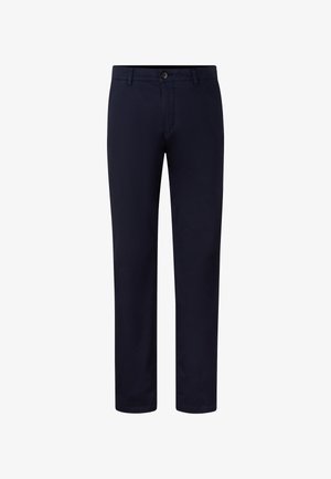 Marinefarbene Baumwollhosen mit geradem Schnitt. Sie verfügen über einen vorn liegenden Knopfverschluss und zwei seitliche Taschen. Glatte Textur und klassisches Design.