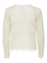 Långärmad ljuskrämsweater med ett öppet virkade mönster, scallop-nederkant och rund halsringning, som visar upp intrikata blomsterpers.