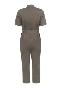 Khaki jumpsuit with short sleeves, fitted waist, and cropped pants. Features a belt, side pockets, and a smooth cotton blend texture.