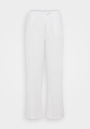 Pantalon blanc en lin à coupe décontractée, avec une taille élastique et un cordon de serrage. Design à jambe droite sans motifs ni accents supplémentaires.