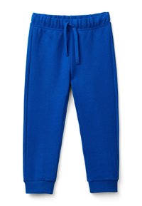Pantaloni della tuta in cotone blu con vita elasticizzata e cordino, dotati di polsini a coste e una texture liscia. Nessun motivo o dettaglio aggiuntivo.