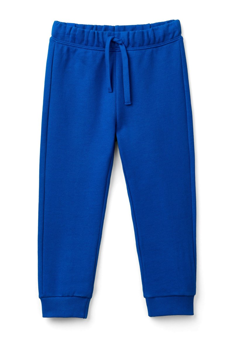Pantaloni della tuta in cotone blu con vita elasticizzata e cordino, dotati di polsini a coste e una texture liscia. Nessun motivo o dettaglio aggiuntivo.