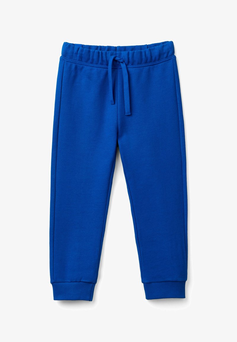 Pantaloni della tuta in cotone blu con vita elasticizzata e cordino, dotati di polsini a coste e una texture liscia. Nessun motivo o dettaglio aggiuntivo.