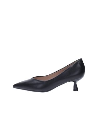 Pumps nere in pelle con punta appuntita e un piccolo tacco triangolare unico. Texture liscia e design minimalista.