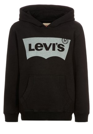 Czarna bluza z kapturem z kieszenią typu kangur z przodu oraz dużym szarym logo Levi's na piersi, wyposażona w kaptur i długie rękawy.