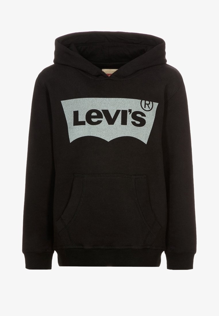 Sweat à capuche noir avec poche kangourou à l'avant et grand logo texte Levi's gris sur la poitrine, comprenant une capuche et des manches longues.