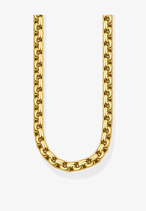 Collana a catena spessa in oro con grandi maglie rettangolari arrotondate collegate in un anello continuo e lucido.