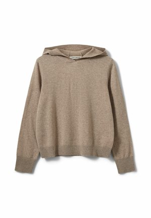 Sudadera con capucha beige de punto con manga larga y puños y bajo acanalados, mostrada sobre un fondo blanco.
