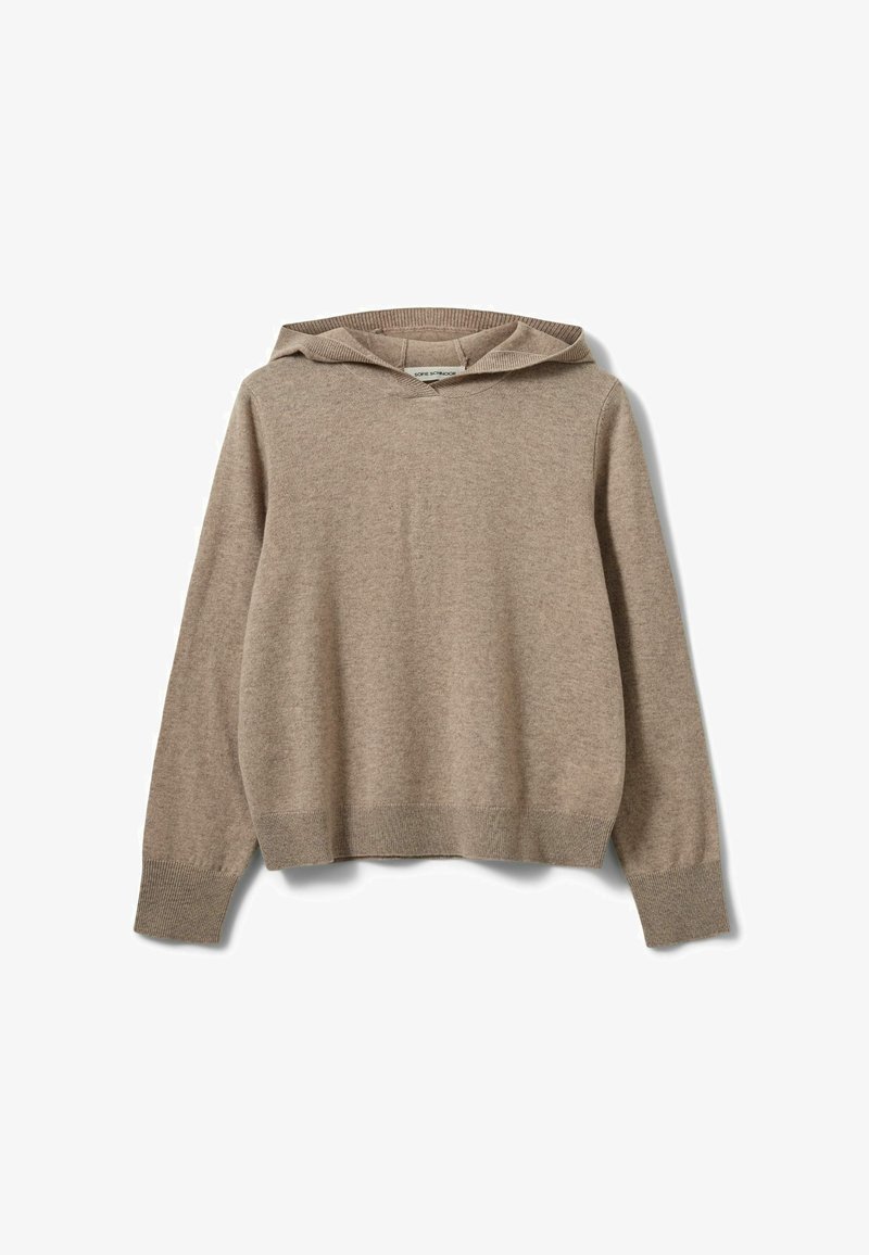 Pull à capuche beige en maille à manches longues avec poignets et ourlet côtelés, présenté sur fond blanc.