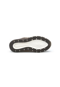 Schuhsohle aus schwarzem Gummi mit einer gemusterten weißen Zwischensohle. Verfügt über Rillen für besseren Halt und hat eine abgerundete Form.