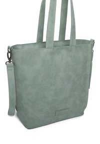 Zielona torba tote z faux skóry z dwiema długimi uchwytami i odczepianym paskiem. Posiada gładką teksturę i subtelny połysk.