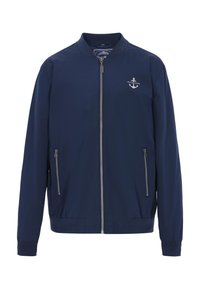 Marineblå bomberjakke lavet af glat stof, med en lynlås foran, to sidelommer, ribbede manchetter og et lille anker-logo på brystet.
