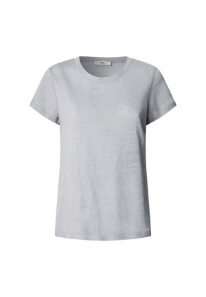 Helles graues Baumwoll-T-Shirt mit kurzen Ärmeln, Rundhalsausschnitt und dezentem gesticktem Logo auf der linken Brust. Glatte Textur und klassischer Schnitt.