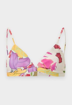 Góra od bikini w kwiatowy wzór z cienkimi regulowanymi ramiączkami, zapinką z przodu oraz abstrakcyjnymi kwiatowymi motywami w kolorach żółtym, fioletowym, różowym i czerwonym na białej tkaninie.