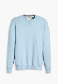 Ljusblå sweatshirt i mjukt tyg, med rundad hals, långa ärmar och en liten logotyp p å bröstet; ribbade ärmslut och nederkant.