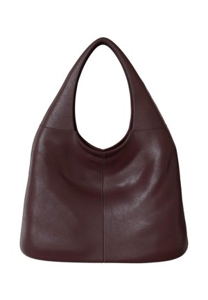 Dark brown leather shoulder bag with a soft, rounded triangular shape and single wide strap, featuring subtle texture and central seam.