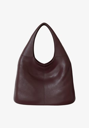 Dark brown leather shoulder bag with a soft, rounded triangular shape and single wide strap, featuring subtle texture and central seam.