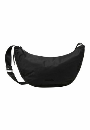 Sac d'épaule noir en forme de croissant avec sangle réglable et fermeture éclair, tissu doux, design minimaliste.