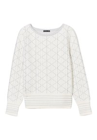 Maglione lavorato a maglia bianco con un motivo a diamante e dettagli metallici, scollatura tonda e polsini e orlo a coste.