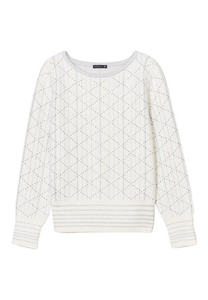 Witte gebreide trui met een ruitpatroon en metalen accenten, een ronde halslijn en geribbelde manchetten en zoom.