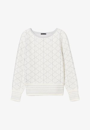 Maglione lavorato a maglia bianco con un motivo a diamante e dettagli metallici, scollatura tonda e polsini e orlo a coste.