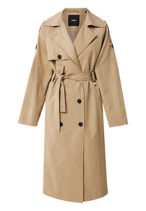 Trench coat beige con design doppiopetto, grandi bottoni neri, ampi revers e una cintura. Presenta maniche lunghe e tasche laterali.