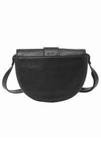 Sac à bandoulière en cuir noir à la forme semi-circulaire, texture lisse et bandoulière assortie. Il présente une fermeture à rabat simple et un logo discret.