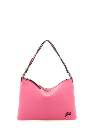 Borsa a tracolla in pelle rosa morbida con cerniera e manico neri, con un piccolo logo del marchio nero nell'angolo in basso a destra.