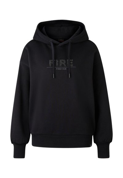Schwarzer Kapuzenpullover mit langen Ärmeln, vorderen Kordelzügen und "FIRE" aus Strass über dem Text "FIRE+ICE" auf der Brust.