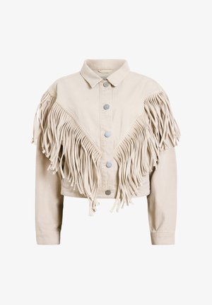 Giacca di jeans beige con lunghi frange dettagliate sulle spalle e sul davanti, dotata di bottoni in metallo argentato e dal taglio corto.