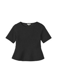 Haut en peplum noir en tissu côtelé, avec un col rond et des manches courtes. Coupe structurée avec un ourlet évasé.