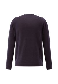 Dunkelpurpurfarbener Pullover mit langen Ärmeln, von hinten gezeigt, mit einem einfachen Rundhalsausschnitt und gerippten Bündchen und Saum.