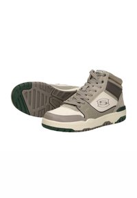 High-top sneakers featuring a beige and gray color scheme, smooth leather and textile materials, padded collar, and a textured green rubber sole.