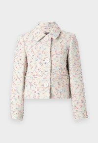 Kurze Jacke aus strukturiertem Stoff mit einem mehrfarbigen Muster, ausgestattet mit einem Kragen und vier vorderen Knöpfen. Die Farbpalette umfasst Pastelltöne.