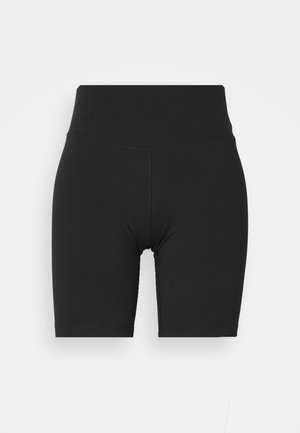Zwarte hoge taille fietsbroek van rekbaar materiaal, met een gladde textuur en nette naden, ontworpen voor comfort en flexibiliteit.