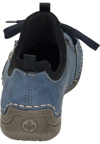 Blue leather shoe with a textured surface, black lining, and a stitched seam. Features a back pull tab and laces in dark gray.