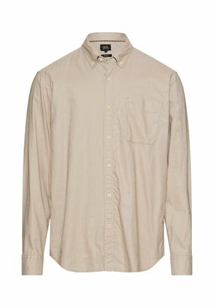 Beige langærmet skjorte med knapper, frontlomme og knaplukket krave, vist på hvid baggrund.