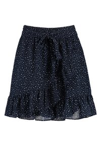 Námorně modrá sukně se bílými puntíky, s elastickým pasem na zavázání, volánkovým lemem a lehkým materiálem s jemnou strukturou.