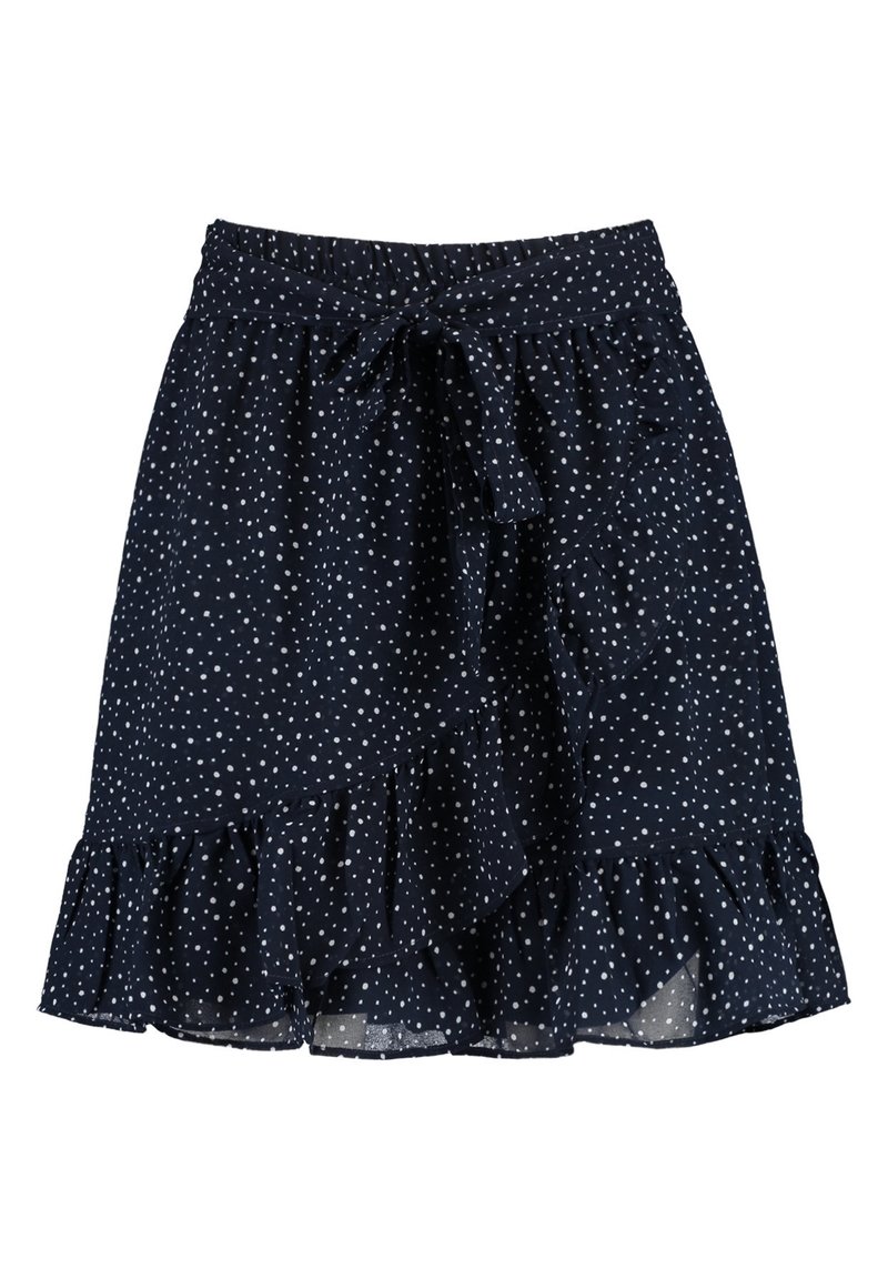 Námorně modrá sukně se bílými puntíky, s elastickým pasem na zavázání, volánkovým lemem a lehkým materiálem s jemnou strukturou.