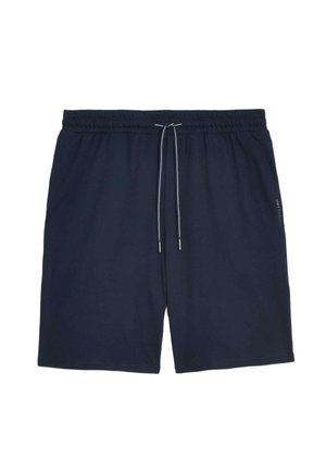 Pantalones cortos azul marino con cintura elástica, cordón ajustable y un branding sutil en el costado. Tela suave y diseño a la altura de la rodilla.
