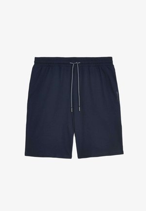 Pantalones cortos azul marino con cintura elástica, cordón ajustable y un branding sutil en el costado. Tela suave y diseño a la altura de la rodilla.