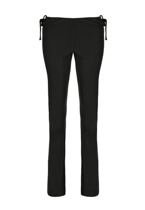 Pantaloni neri elasticizzati con vita elastica, dotati di lacci regolabili ai lati, texture liscia e design a gamba dritta.