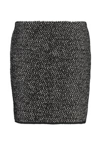 Černobílá sukně z tkané látky s texturovaným vzorem, přiléhavý střih a rovný lem. Tkanina má jemný, tkaný vzhled.